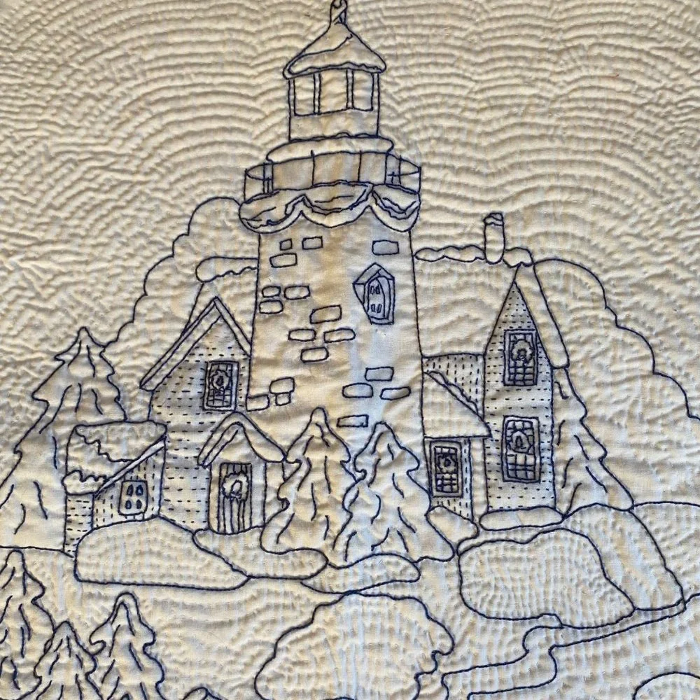 Lighthouse machine embroidered quilt winter snow Blue Christmas decor wall‎ art
